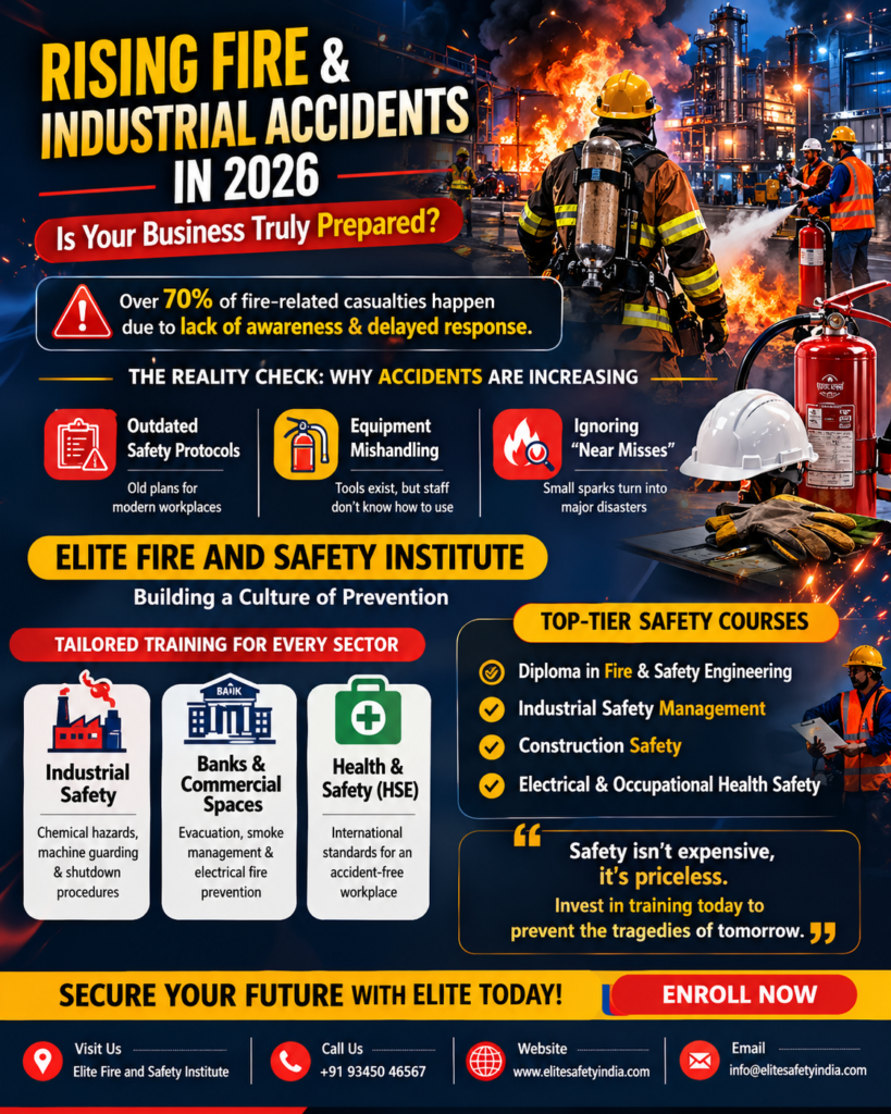 Rising fire and industrial accidents 2026 safety training poster showing firefighters, industrial hazards, and workplace safety awareness programs